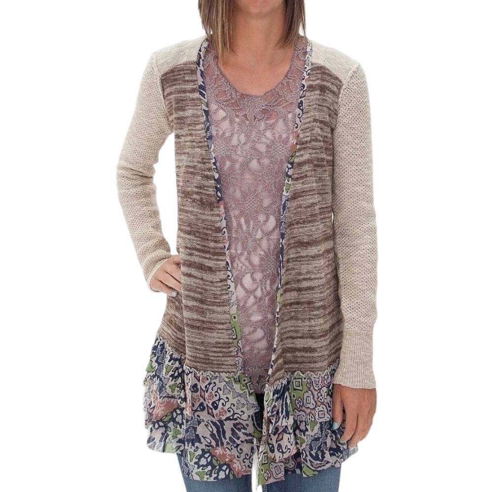 BKE Long Chiffon Ruffle Trimmed Cardigan Size Medium